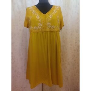 Emery Rose Mustard Yellow Embroidered Dress Woman's Sz L bohemian Flow
